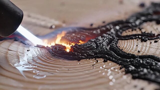 Lichtenberg Fractal Wood Burning with Electric Electrode on Wood Slab Closeup