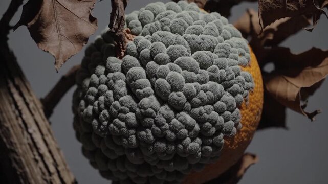 Timelapse of mold growth on fruit with decaying leaves in natural setting