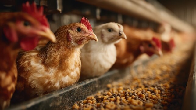 Chickens pecking at feed inside a poultry farm with a close-up focus on a brown hen in the foreground.