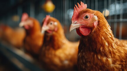 Fototapeta premium A close-up of a brown chicken with a comb and wattles inside a poultry farm, with other chickens blurred in the background.