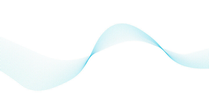 Light blue halftone dotted wave with flowing particles and dynamic curve lines, abstract technology soundwave background for modern banner presentation and web design