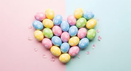 Obraz premium Easter eggs in heart shape on pastel background for spring celebration