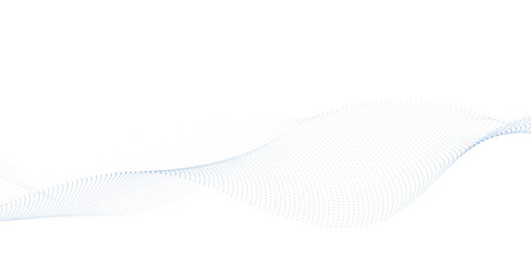 Abstract light blue flowing particle wave with dotted halftone gradient mesh, dynamic soundwave curve lines on clean white background for modern technology banner, presentation and digital design