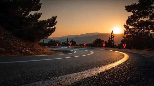 A winding road with red location markers stretches into the distance at sunset, surrounded by trees and mountains.