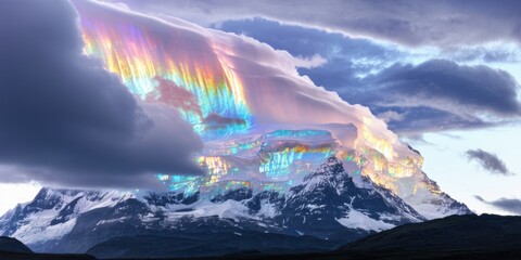 Fototapeta premium Dramatic mountain scene. Rainbow cascades from clouds onto snowy peaks. Dark sky contrasts vibrant colors. Majestic landscape evokes wonder.
