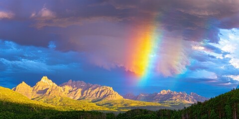 Fototapeta premium Dramatic landscape features mountains, rainbow, vibrant sky. Clouds dominate scene, creating beautiful colorful display. Natures beauty.