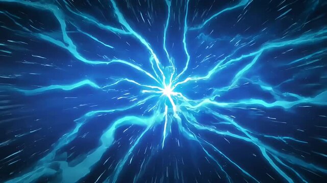 Abstract radiating blue light trails forming cosmic energy pattern on dark backdrop