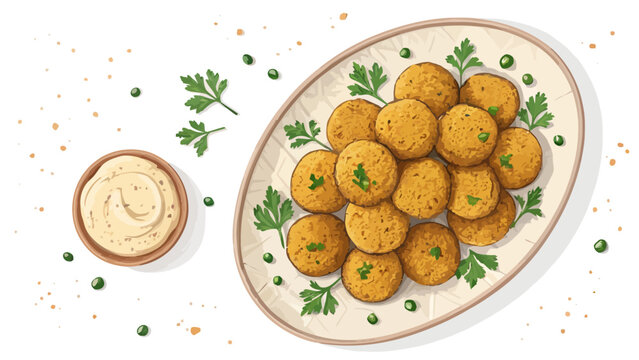 A plate of delicious falafel served with a side of creamy sauce and garnished with fresh herbs