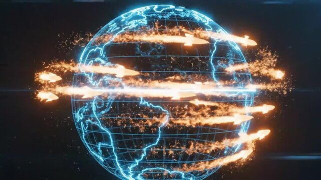 Dynamic digital network encompassing the Earth, visualizing global information flow and rapid technological connections with energetic data streams