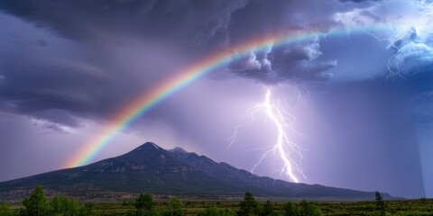 Fototapeta premium Dramatic landscape features mountain, rainbow, lightning. Stormy skies dominate scene, creating powerful visual impact. Natures beauty.