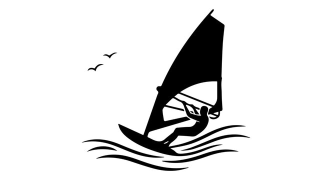 Windsurfing Silhouette - Active Water Sport Surfer Riding Ocean Waves Graphic