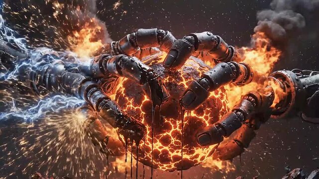 Epic clash of robotic hands, fire versus ice, gripping a volatile cosmic core. A powerful, futuristic depiction of elemental destruction and cosmic upheaval