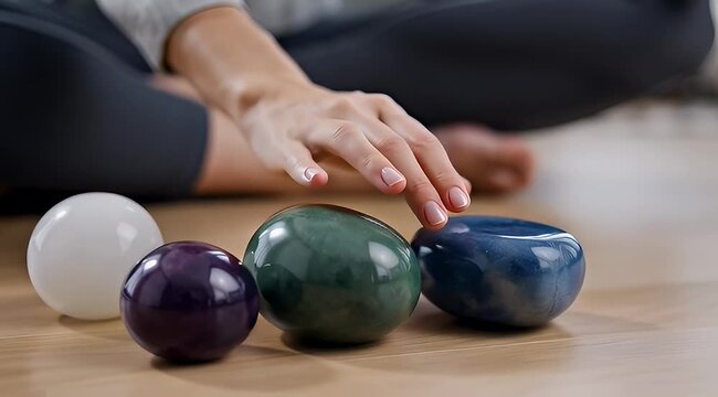 Closeup of woman's hand touching colorful healing stones on wooden floor