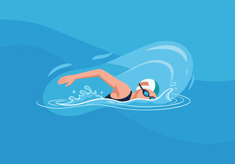 Person swimming front crawl stroke in blue water wearing a cap and goggles