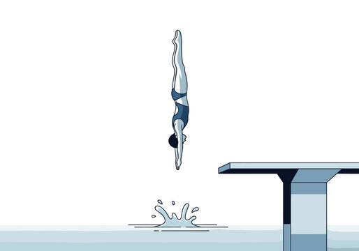 Female diver plunging headfirst into a swimming pool from a diving board with a splash