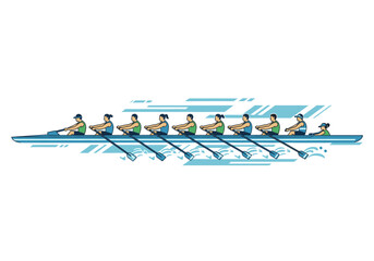 Eight rowers and coxswain in a long crew boat on water flat illustration © Joan