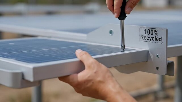 Solar panel installation, renewable energy technician assembling sustainable power systems, eco-friendly technology construction
