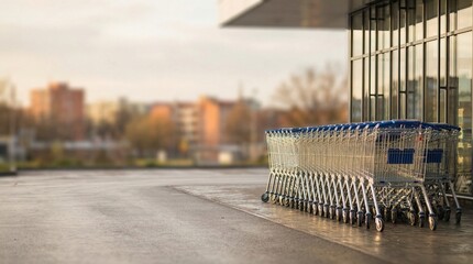 Row of empty shopping carts parked outside supermarket at sunset