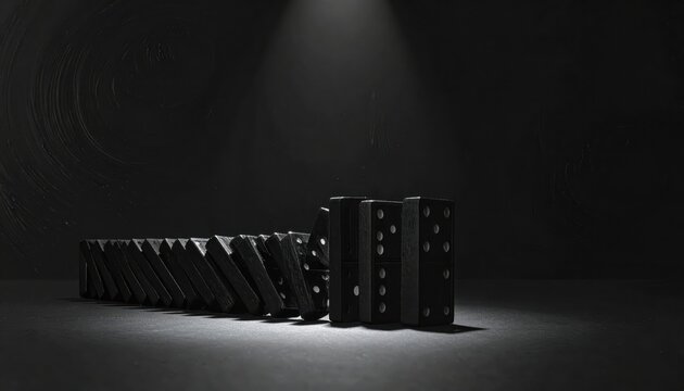 Perfectly smooth jet black dominoes standing in a meticulously constructed cascade, waiting to fall in a dramatic game sequence.
