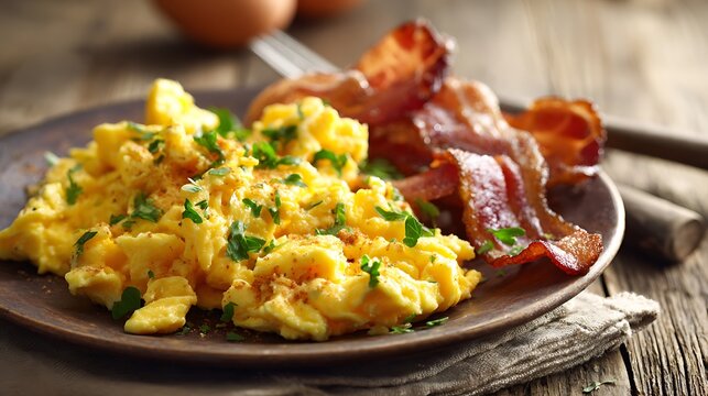 A delicious plate of scrambled eggs and crispy bacon on a rustic wooden table