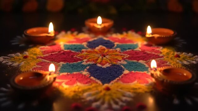 Beautiful Rangoli Design with Diyas for Diwali Celebration.