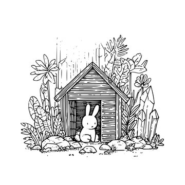 Charming hand drawn sketch depicts a cute cartoon bunny peeking out from a rustic wooden doghouse nestled amidst lush foliage and oversized crystals evoking a whimsical and cozy