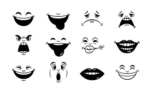 Cartoon comic mouth expressions doodle set with smiling laughing sad and angry lips characters vector collection