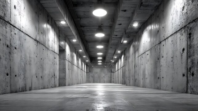 A long, empty concrete corridor with bright overhead lighting and a smooth floor