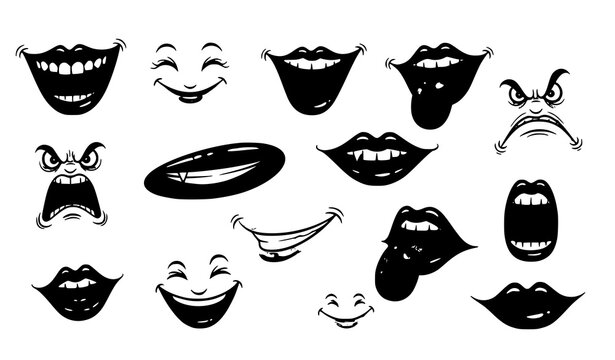 Funny cartoon mouth doodle icons set with tongue lips smiling laughing and angry comic expressions vector