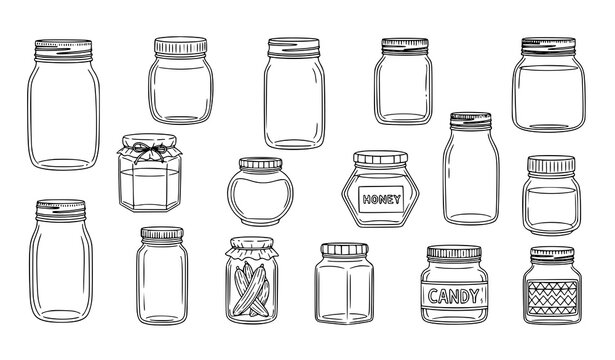 Empty jar outline doodle icons hand drawn glass container collection vector set