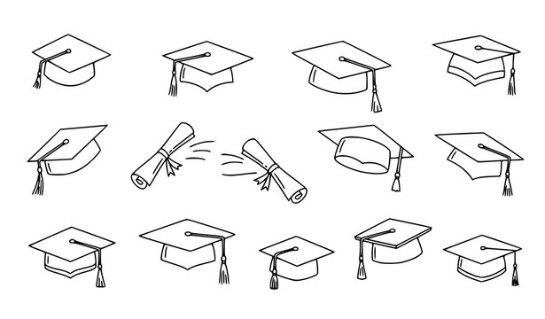 Graduation cap doodle icons hand drawn mortarboard education student success vector set