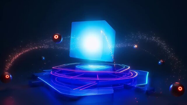Futuristic glowing blue cube on high-tech pedestal, neon geometric data core with floating particles, sci-fi energy block in dark digital space