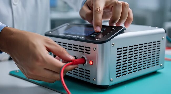 Lab technician configuring electrophoresis machine parameters with red cord connection