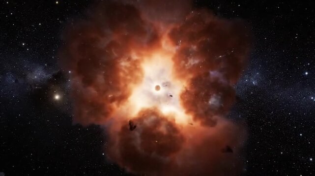 Supernova explosion in vibrant orange and red hues with dark space background in dramatic lighting for astronomy