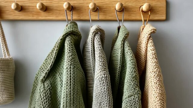 Cozy minimalist style: hanging knitted bags and sweaters on wooden hooks for home organization