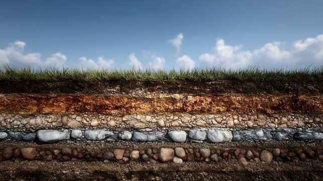 A cross-section of layered soil and rocks under a grassy field with a blue sky