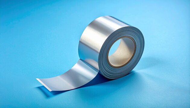 Roll of shiny aluminum foil tape on a vibrant blue background.