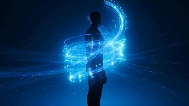 Human silhouette engulfed in swirling blue energy representing innovation and technology