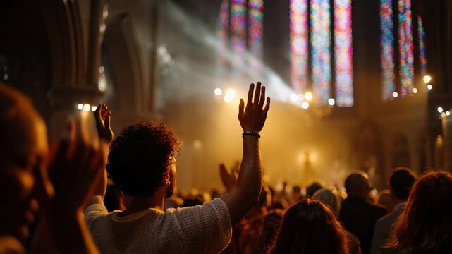 Crowd raising hands in cathedral sanctuary, golden sunlight streaming through stained glass windows onto silhouettes of worshippers during candlelit service