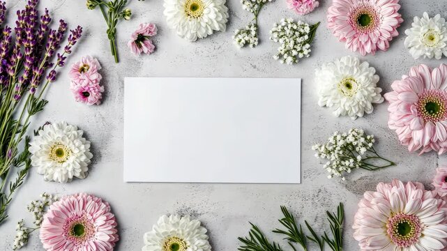 Timelapse of flowers arranging around blank card for creative floral design
