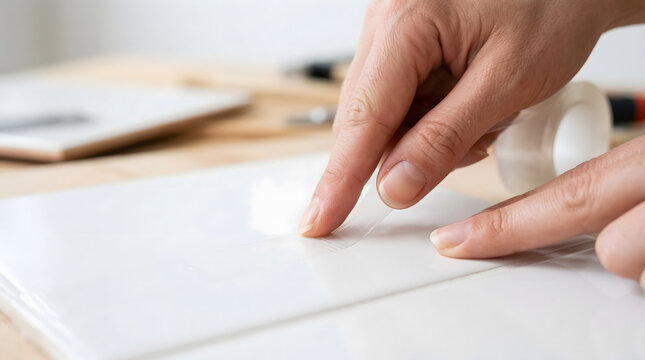 Close up of hands applying transparent adhesive tape to a white ceramic tile. DIY home improvement and repair project. Manual work on a glossy surface