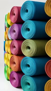 Colorful yoga mats stacked in multiple layers capturing vibrant textures and geometric patterns