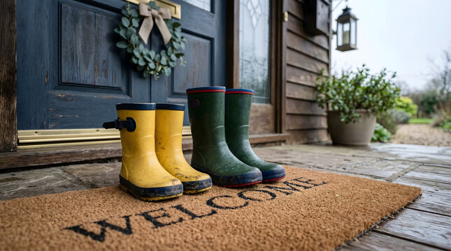 Yellow and green rubber boots on a welcome mat. Child and adult wellies at the house entrance. Family home and rainy day concept