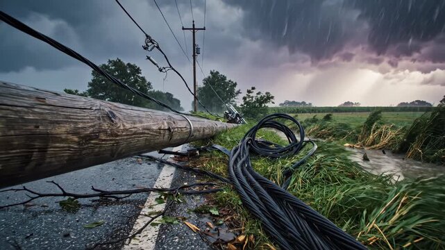 Fallen utility pole on rural road after severe thunderstorm. Broken power line and insulator lying on wet pavement. Weather disaster and energy grid failure.
