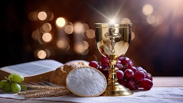 Gold chalice host wafer loaf candle intimate communion still life on rustic wooden table with grapes and warm candlelight, textured bread and gilded cup