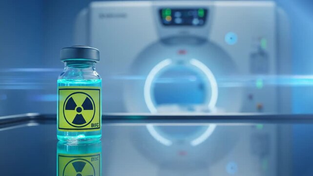 Vials with radioactive substance in front of scanner. Medicine for medical imaging. Radiopharmaceutical diagnostic drug used in oncology for cancer treatment therapy.