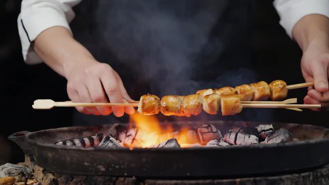  The male chef rotates skewers over charcoal, fat drips causing small flare-ups, heat shimmer visible, camera performs micro-zoom