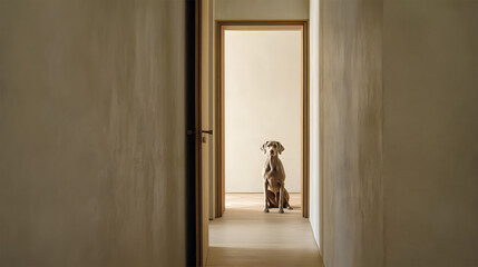 Fototapeta premium A view of a Weimaraner from an adjacent room, looking through a wide, open doorway into a bright, beige wood minimalist home office area. The dog is positioned perfectly in the frame of the doorway,