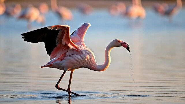 Flamingo in shallow water during sunset with wings spread