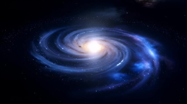 Spiral galaxy with glowing core and blue nebula arms, cosmic space background with stars, cinematic astronomical visualization of the milky way